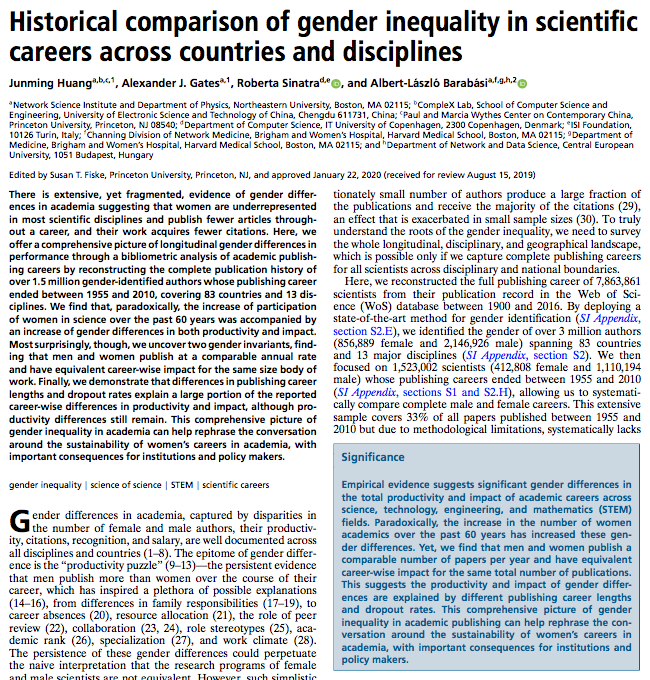 Historical comparison of gender inequality in scientific careers across ...